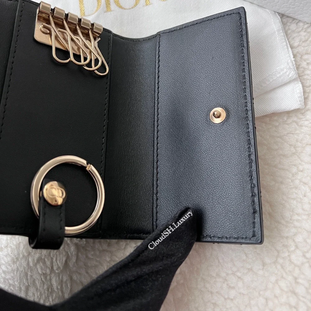 Auth Dior Quilted Logo Charm Key Holder Wallet - Black w/ Gold Hardware